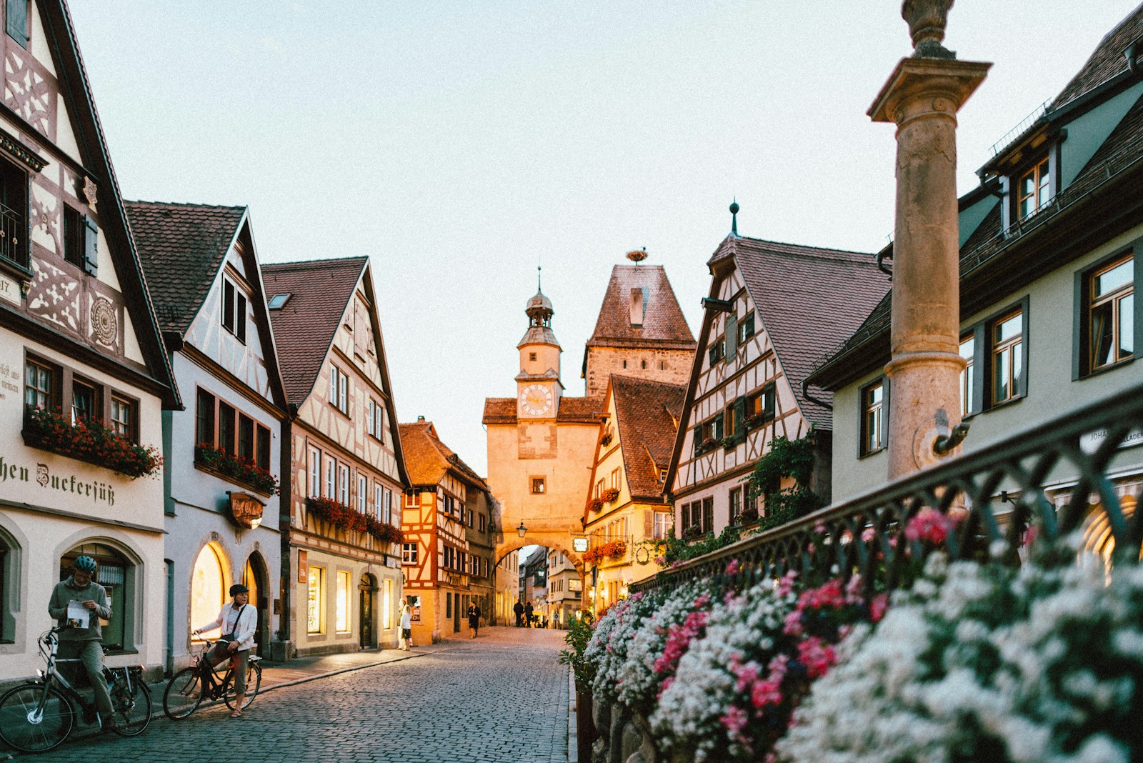 Evening street of half-timbered houses in Rothenburg, Germany